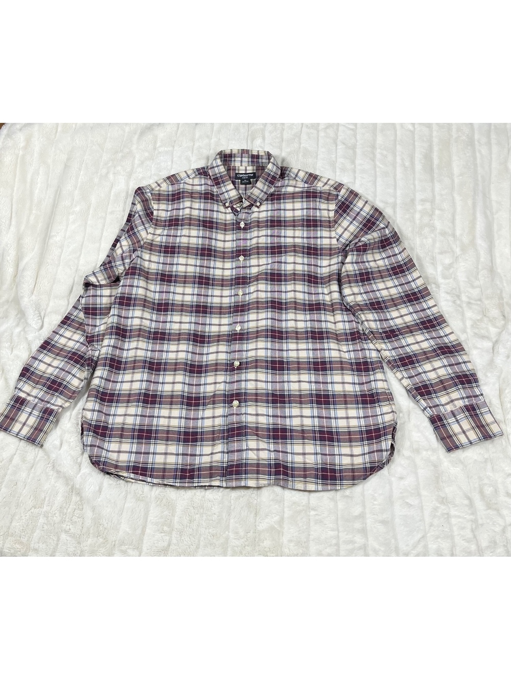 Claiborne Men's XL Slim Fit Beige Red Plaid Fall Preppy Button Down Winter Shirt